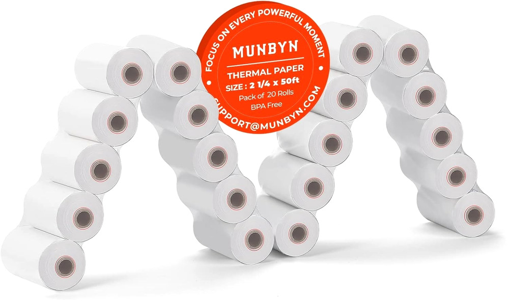 MUNBYN 2 1/4" x 50' Thermal Paper (20 Rolls) BPA Free Receipt Paper, 58mm Refill